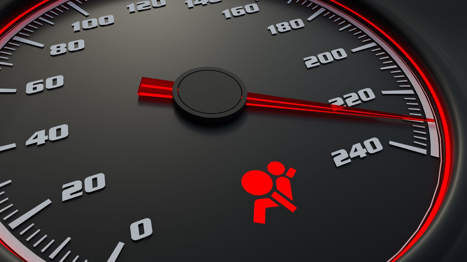 a close up of a speedometer with a red light.|a close up of the logo of a car.|a close up of an airbag fault button.