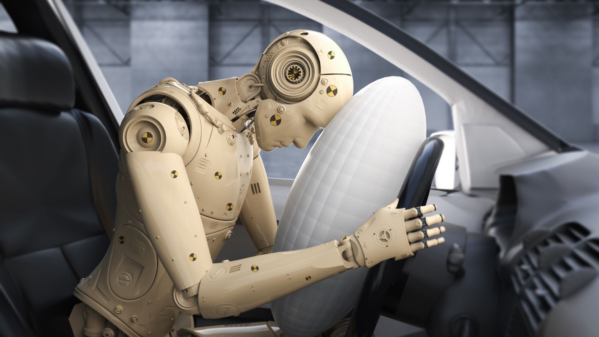 a robot sitting in a car holding a steering wheel.|a silver car with a dented front door.