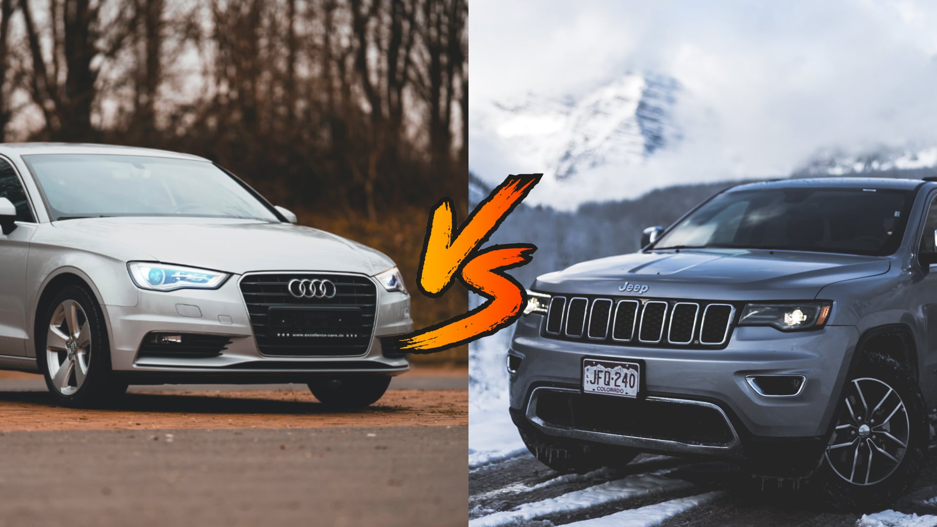 two different cars side by side on a snowy road.|a car that has crashed into another car.|a man on a motorcycle next to a truck.