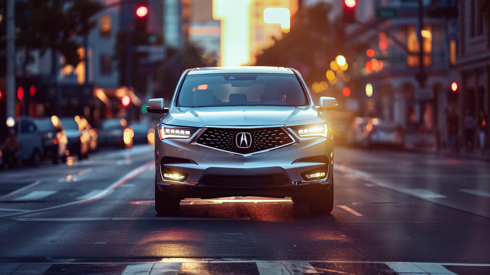 A 2019 Acura MDX cruising down a busy city street.|a white suv parked on the side of the road.