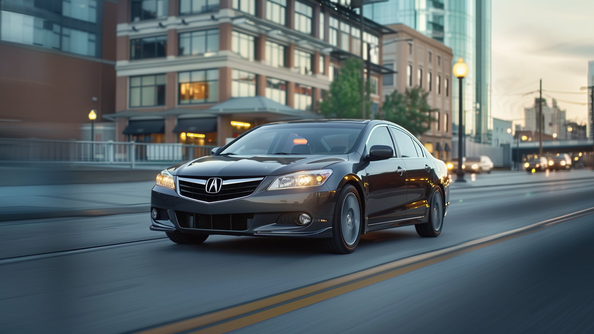 The 2016 Acura ILX is driving down a city street.|a silver car driving down a city street.