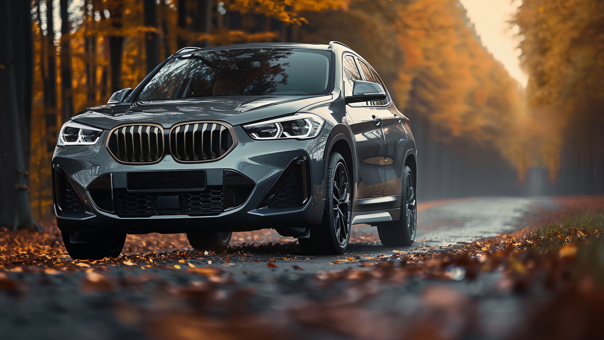 The 2019 BMW X1, one to avoid, is driving down the road in the fall.|a white bmw suv parked on the side of the road.