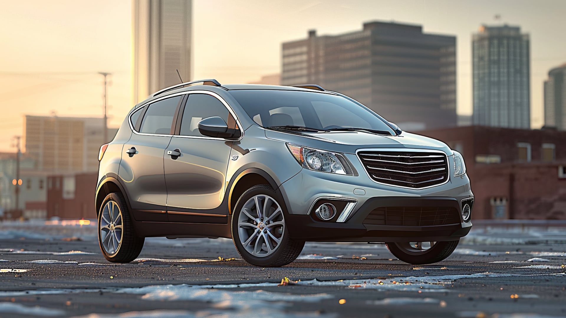 The 2019 Buick Encore, a year to avoid, is parked in front of a city.