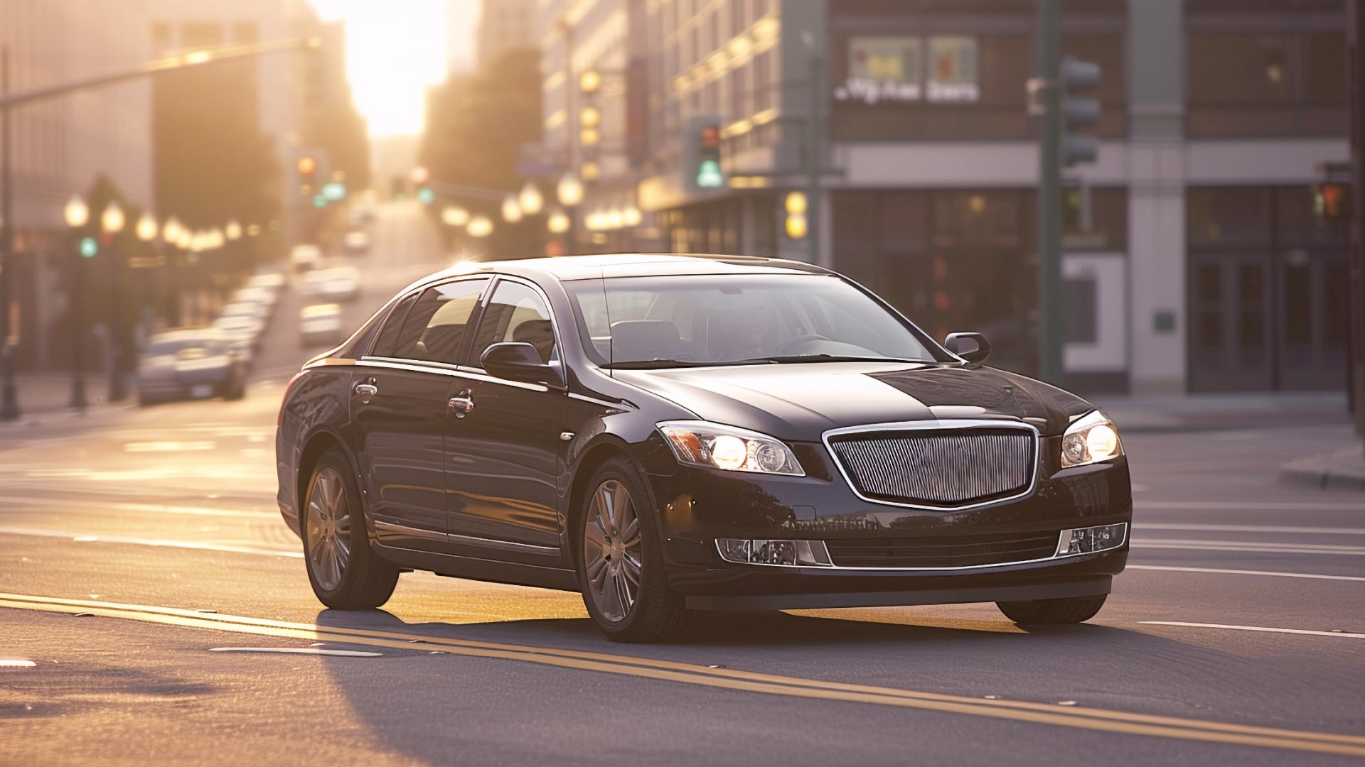 A black sedan driving down a city street.|a brown car driving down a road next to a lush green hillside.