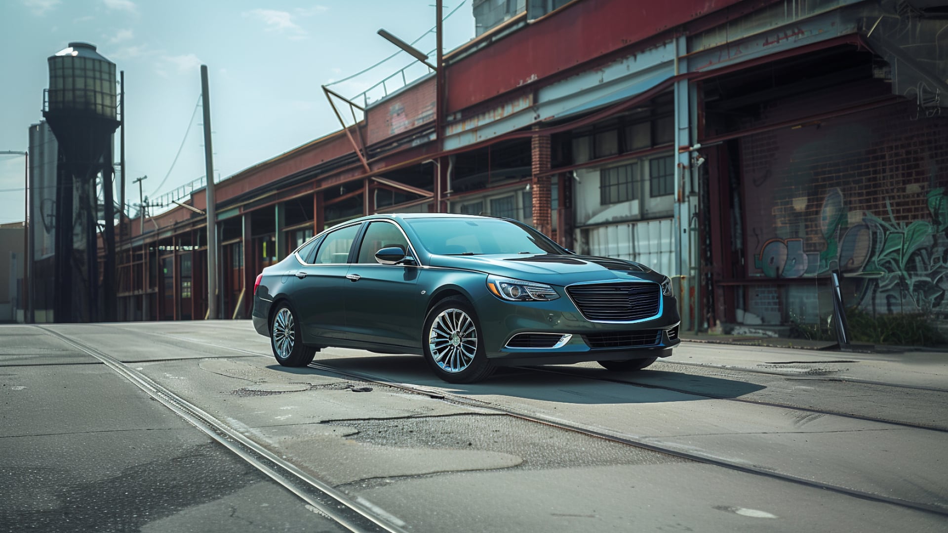 The 2018 Buick Regal is parked in front of an industrial building.|a black car is parked in a driveway.