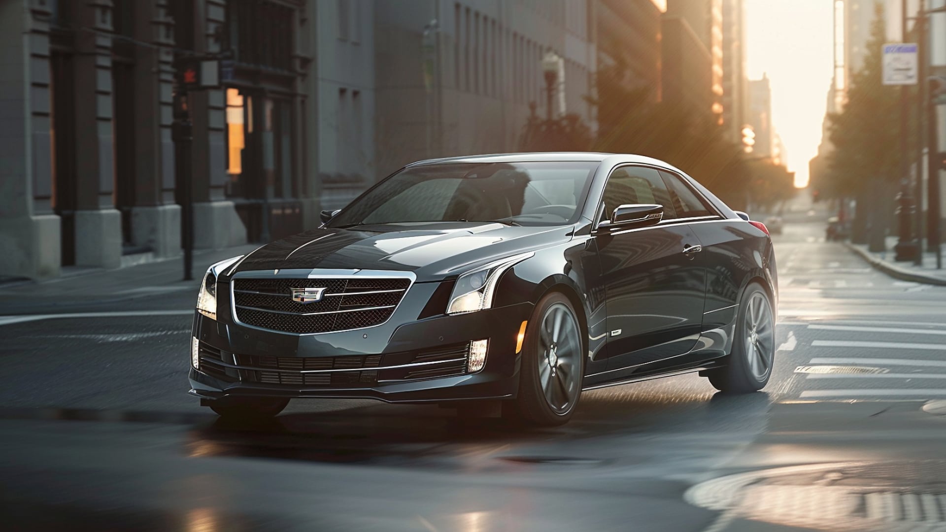 The 2018 Cadillac ATS, one of the years to avoid, is driving down a city street.|a red car driving down a street next to tall buildings.