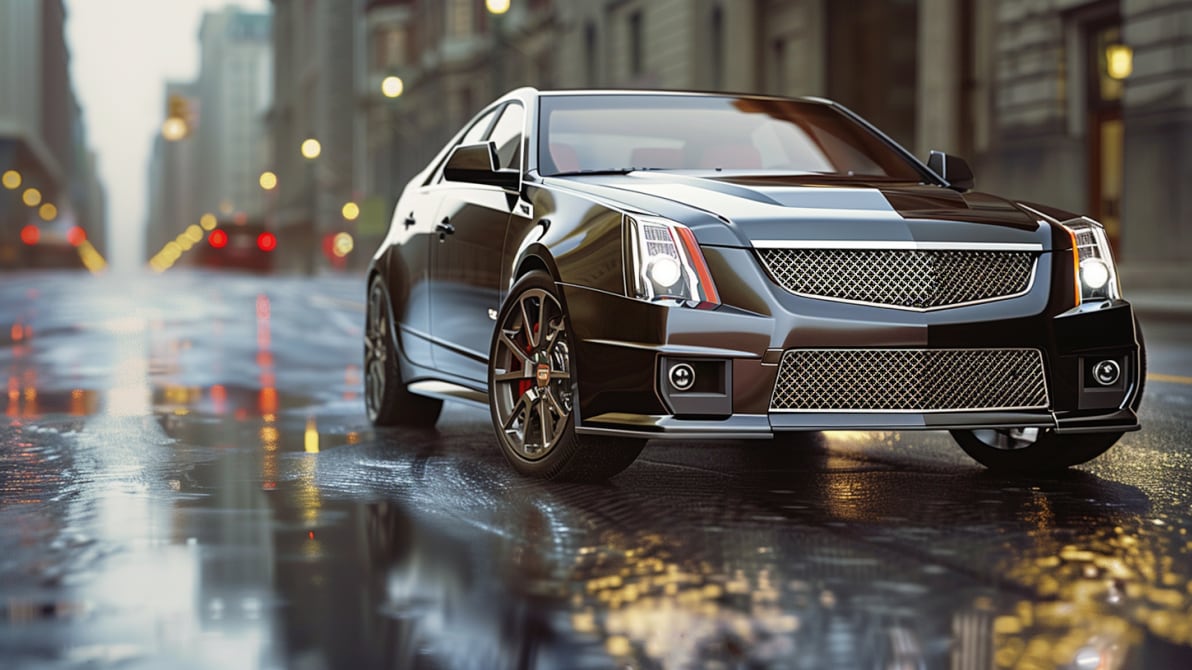 A black Cadillac CTS parked on a wet street.|a silver cadillac parked on the side of the road.