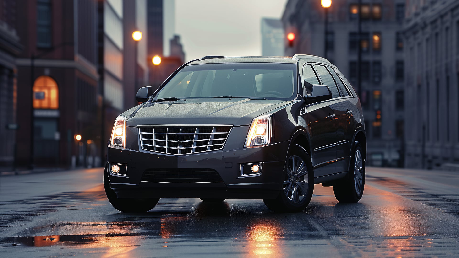 The Cadillac Escalade is cruising through the city streets at night.|a silver cadillac suv parked on the side of a road.