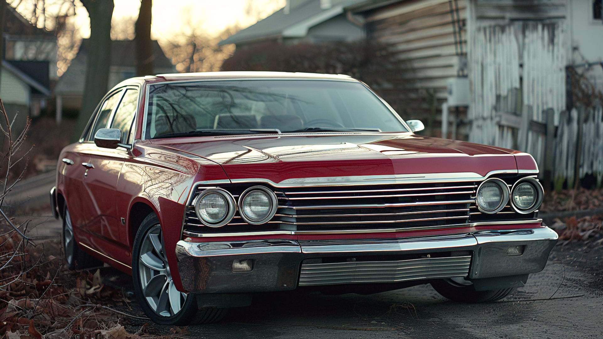 A red car parked in front of a house. Emmys.|a silver car parked in a parking lot.