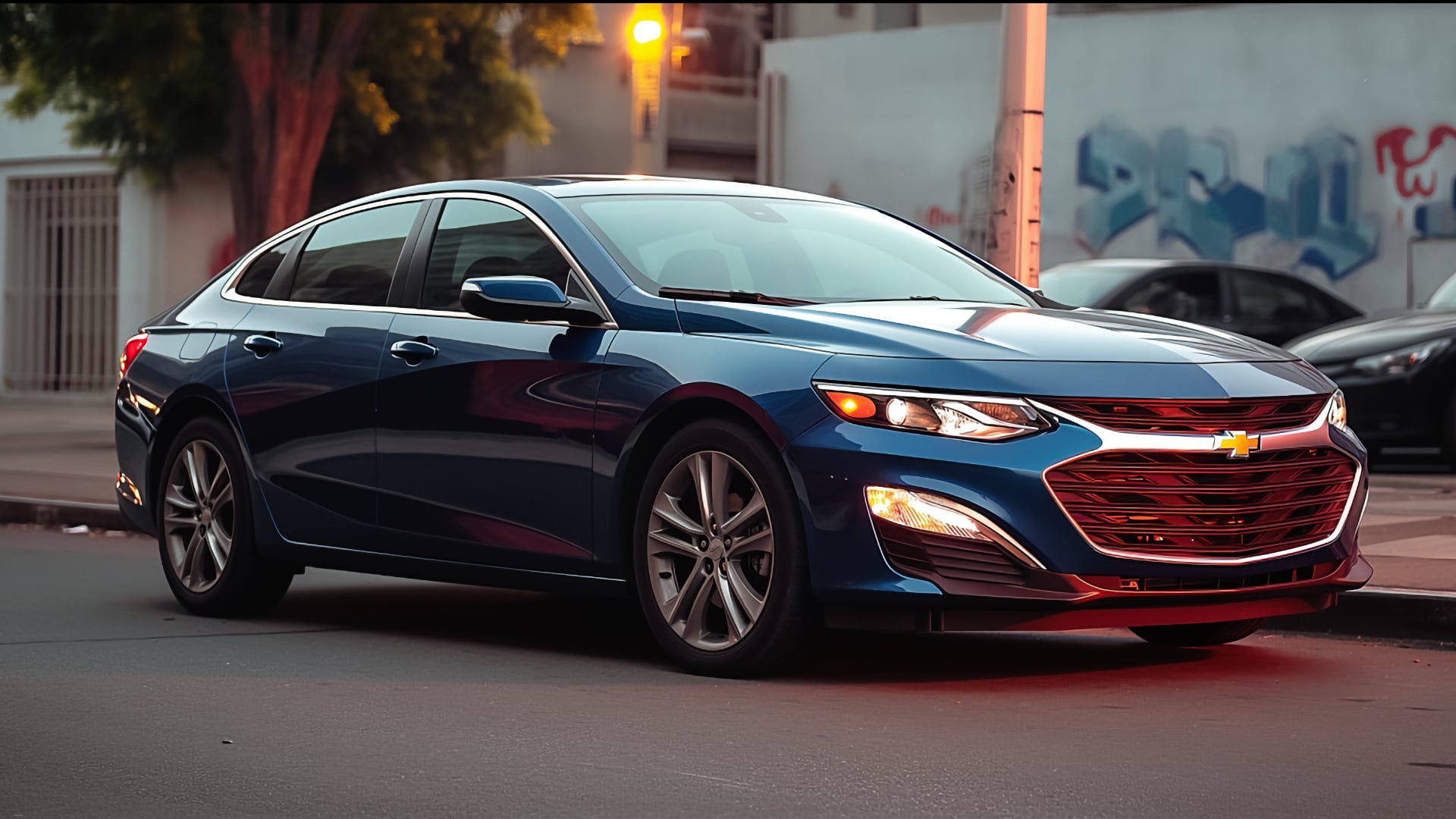 A blue Chevy Malibu car on the road.