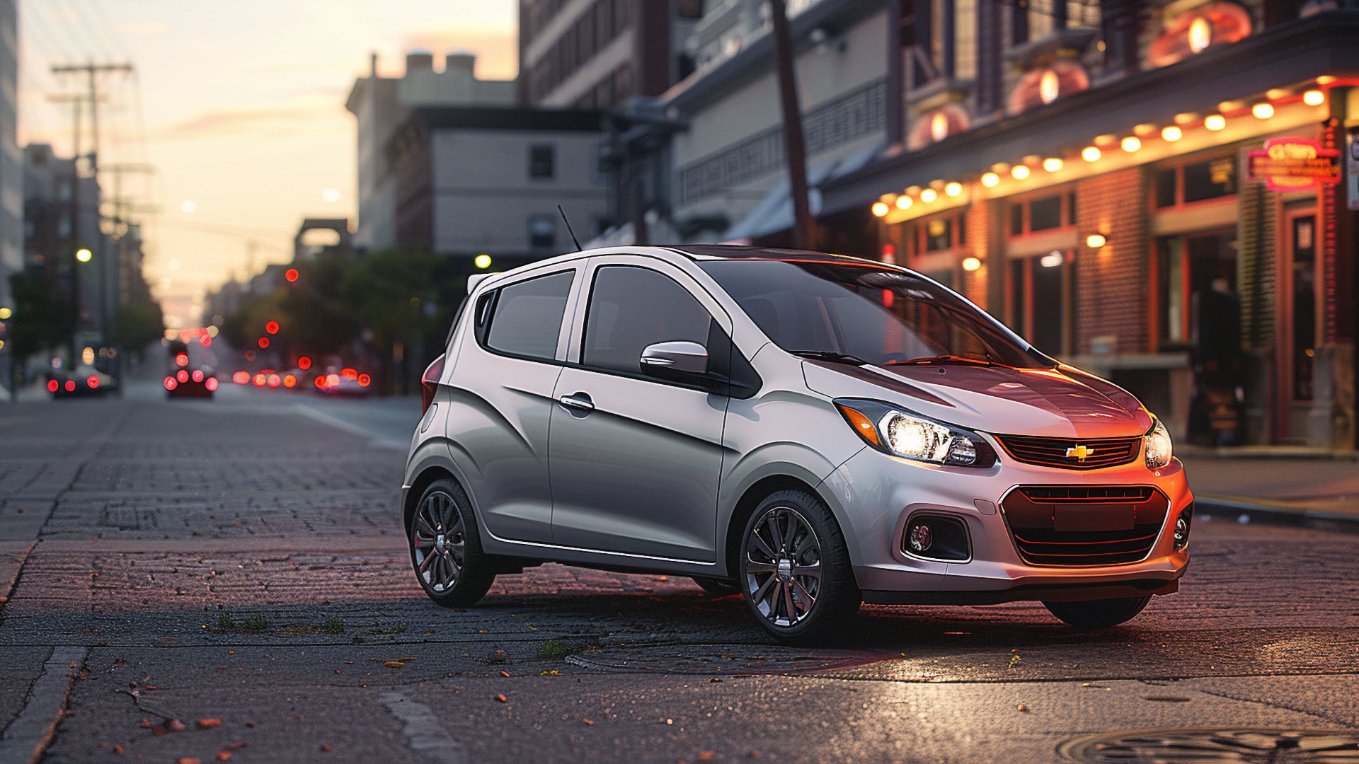 The 2019 Chevrolet Spark is parked on a city street.|a small blue car parked in a parking lot.