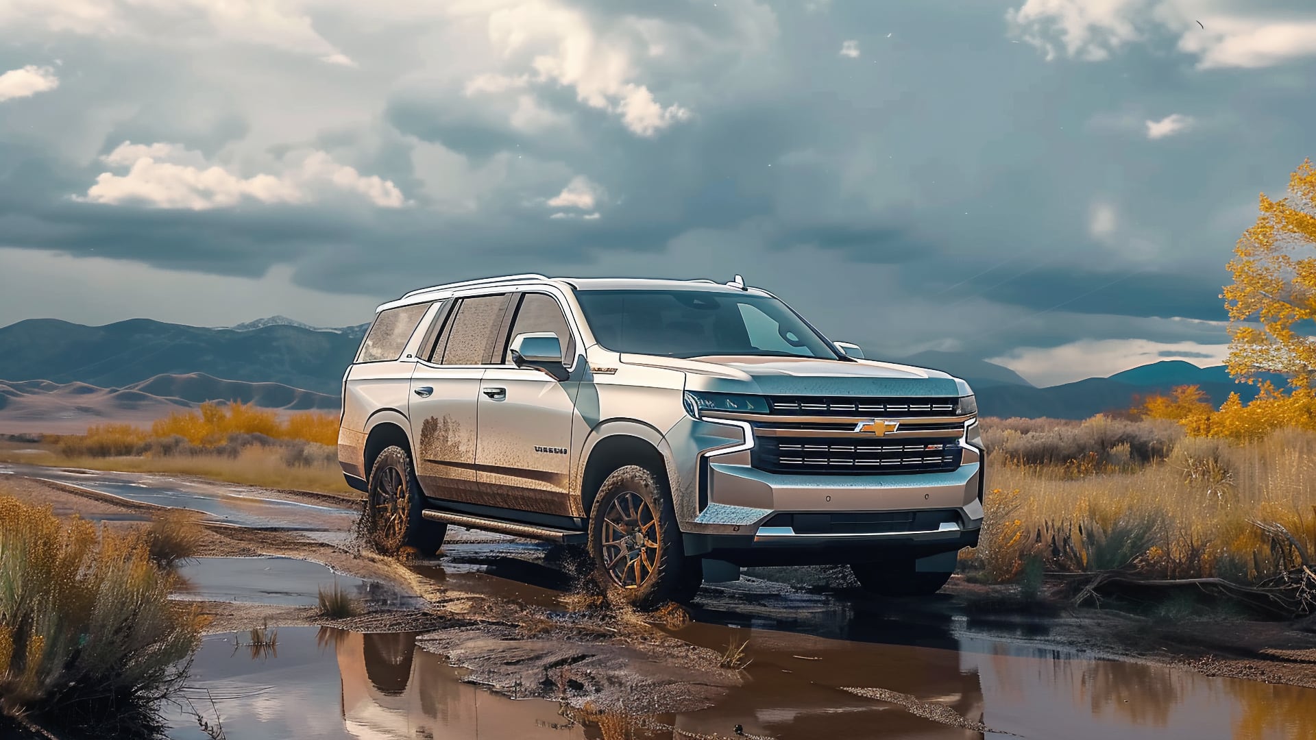 The 2020 Chevrolet Tahoe, one of the exceptional Chevy Tahoe years to avoid, fearlessly maneuvers through a treacherous muddy field.|a white chevrolet suburban is driving down the road.