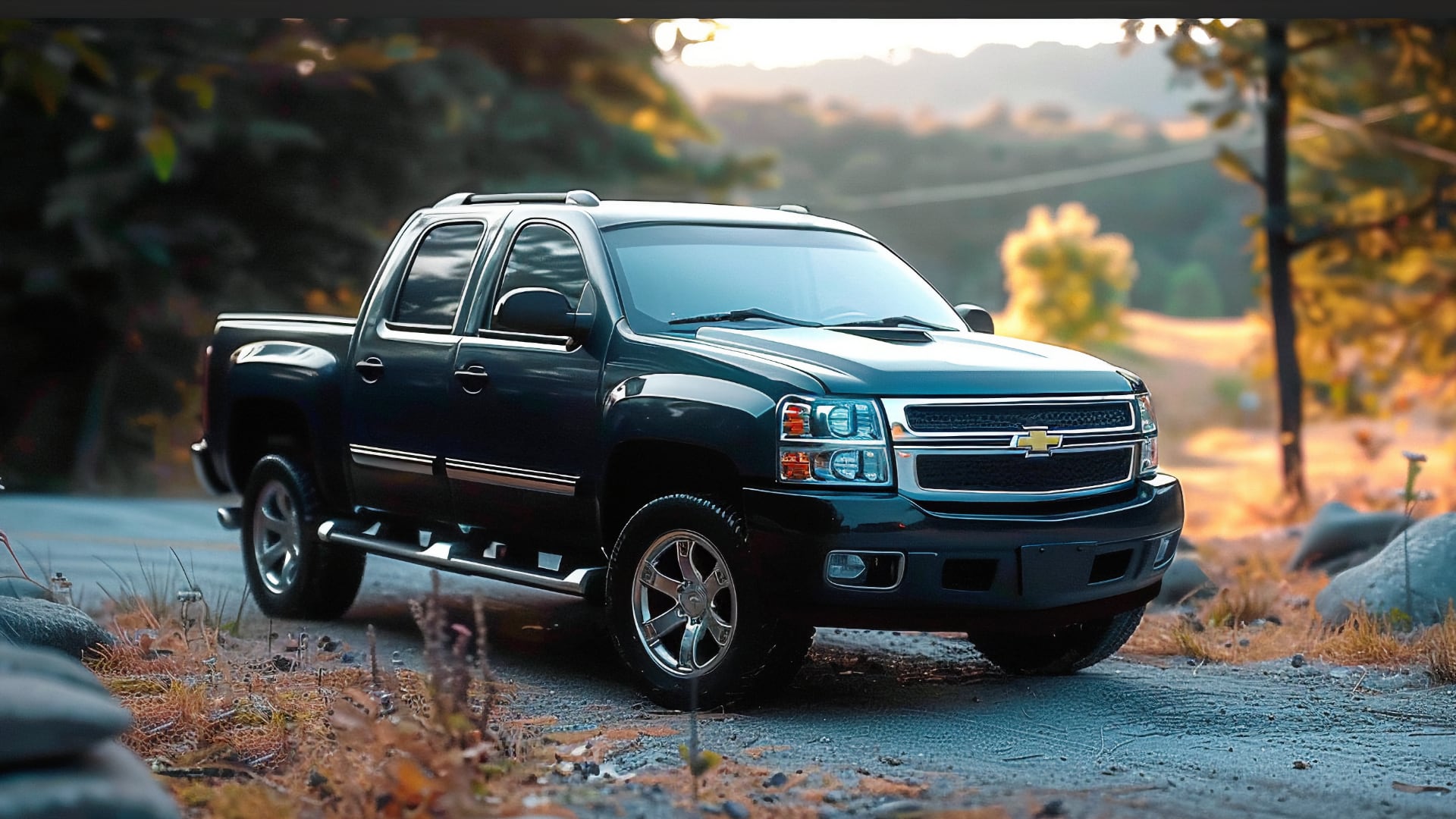 A black Chevy Avalanche parked on a road.|a black truck parked in front of a house.