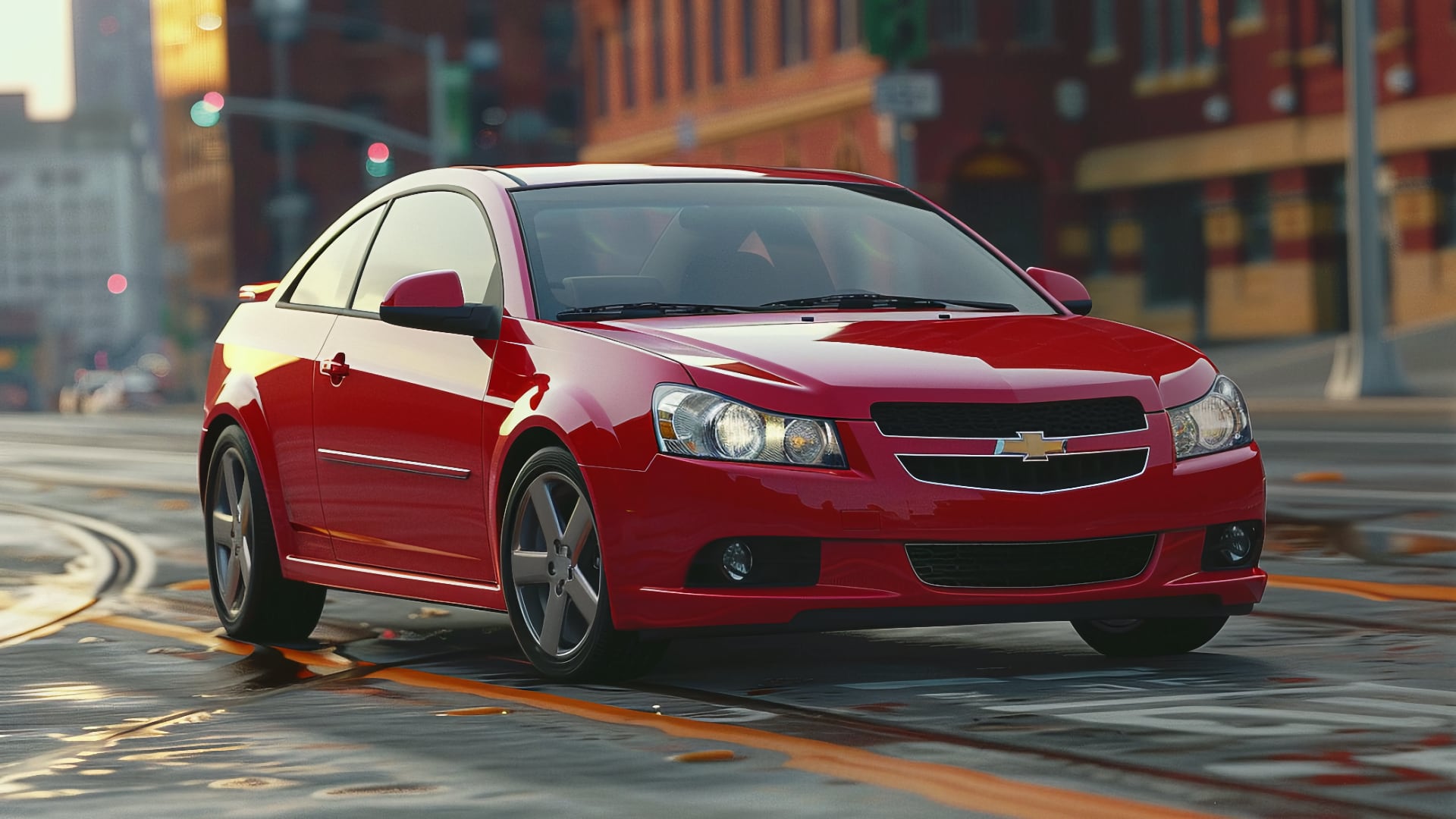 A red Chevy Cobalt is driving down a city street.|a yellow car is parked in a parking lot.