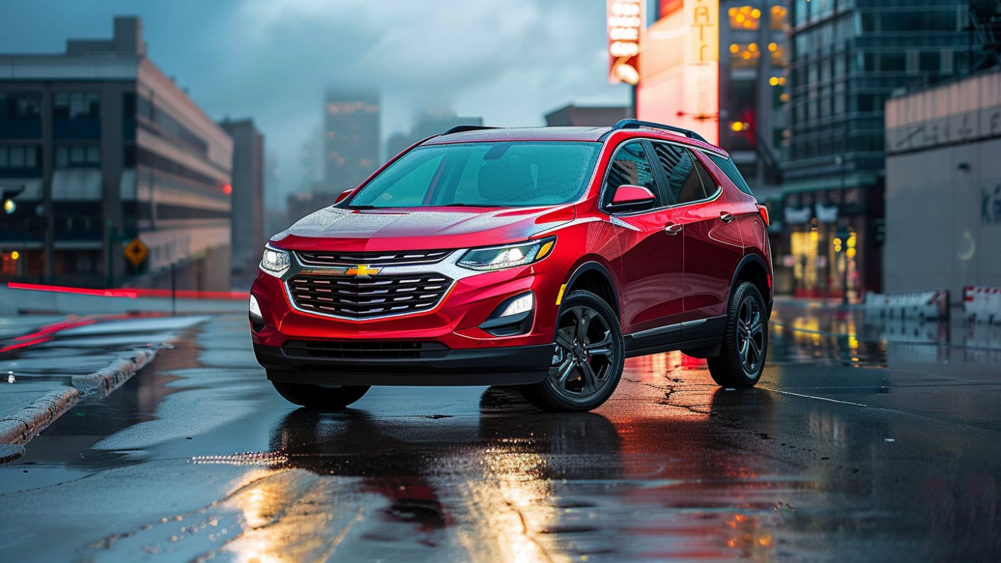 The red 2019 Chevy Equinox is driving down a city street at night.|a black suv parked in front of a building.