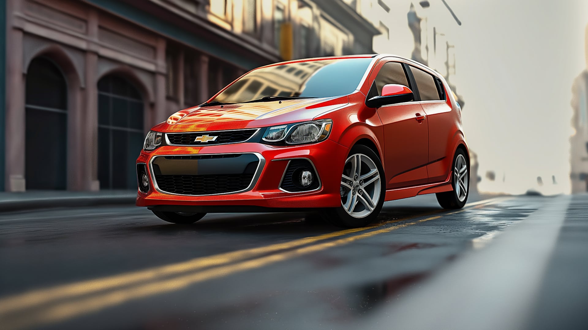 The 2019 Chevy Sonic is driving down a city street.|a silver car parked on the side of the road.