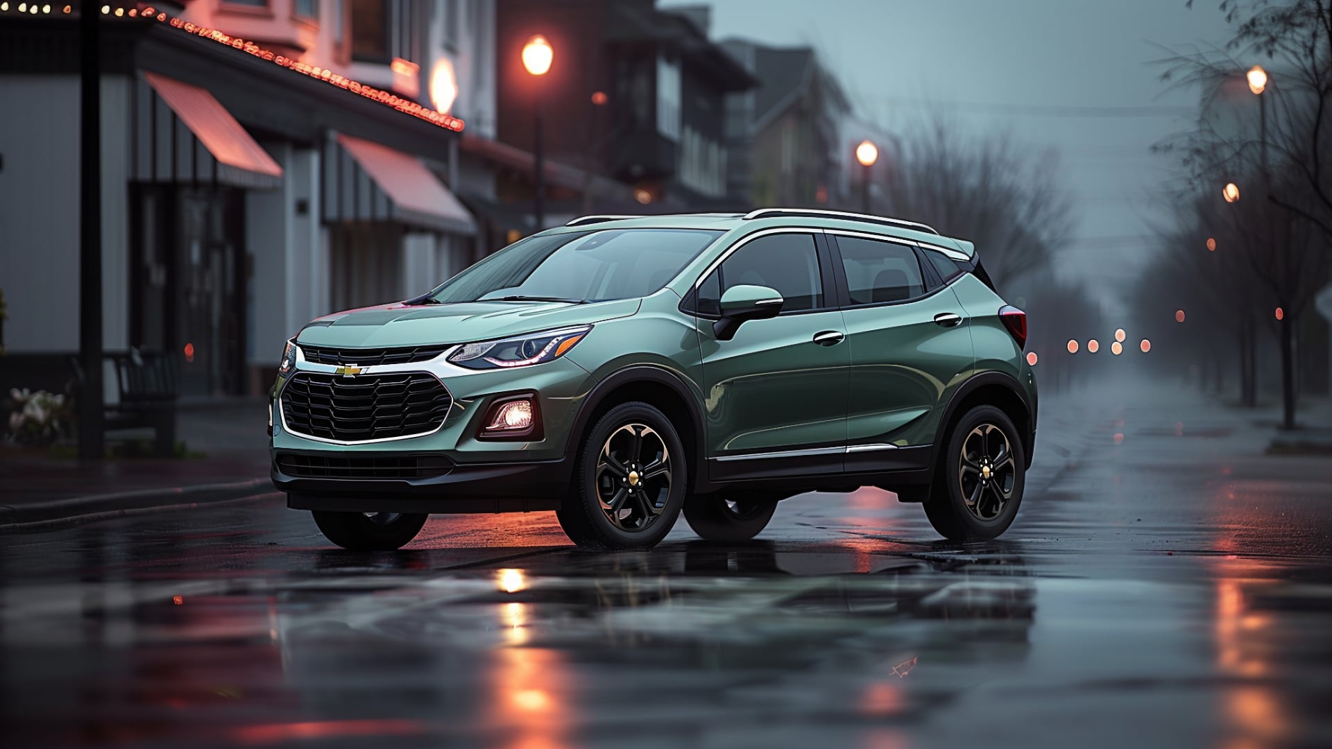 The 2019 Chevy Trax, one of the years to avoid, is parked on a wet street.|a white chevrolet suv parked in a parking lot.|a blue chevrolet suv driving down a highway.