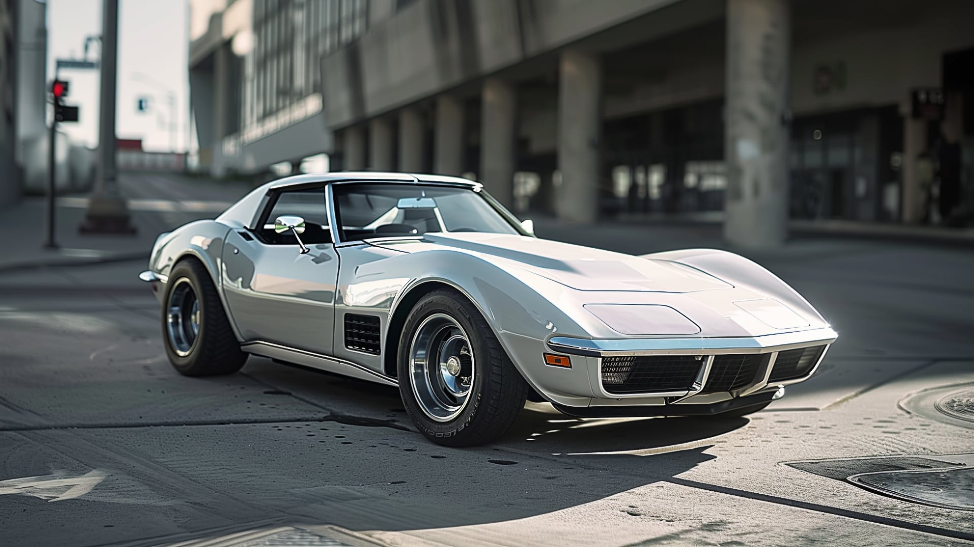 A white Corvette C3 parked on a city street.|a green sports car parked in a parking lot.|a red car parked on top of a grass covered field.