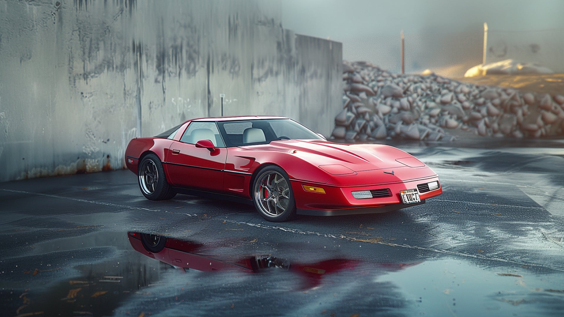 A red Chevrolet Corvette C4 parked in front of a building.|a red sports car parked in a parking lot.