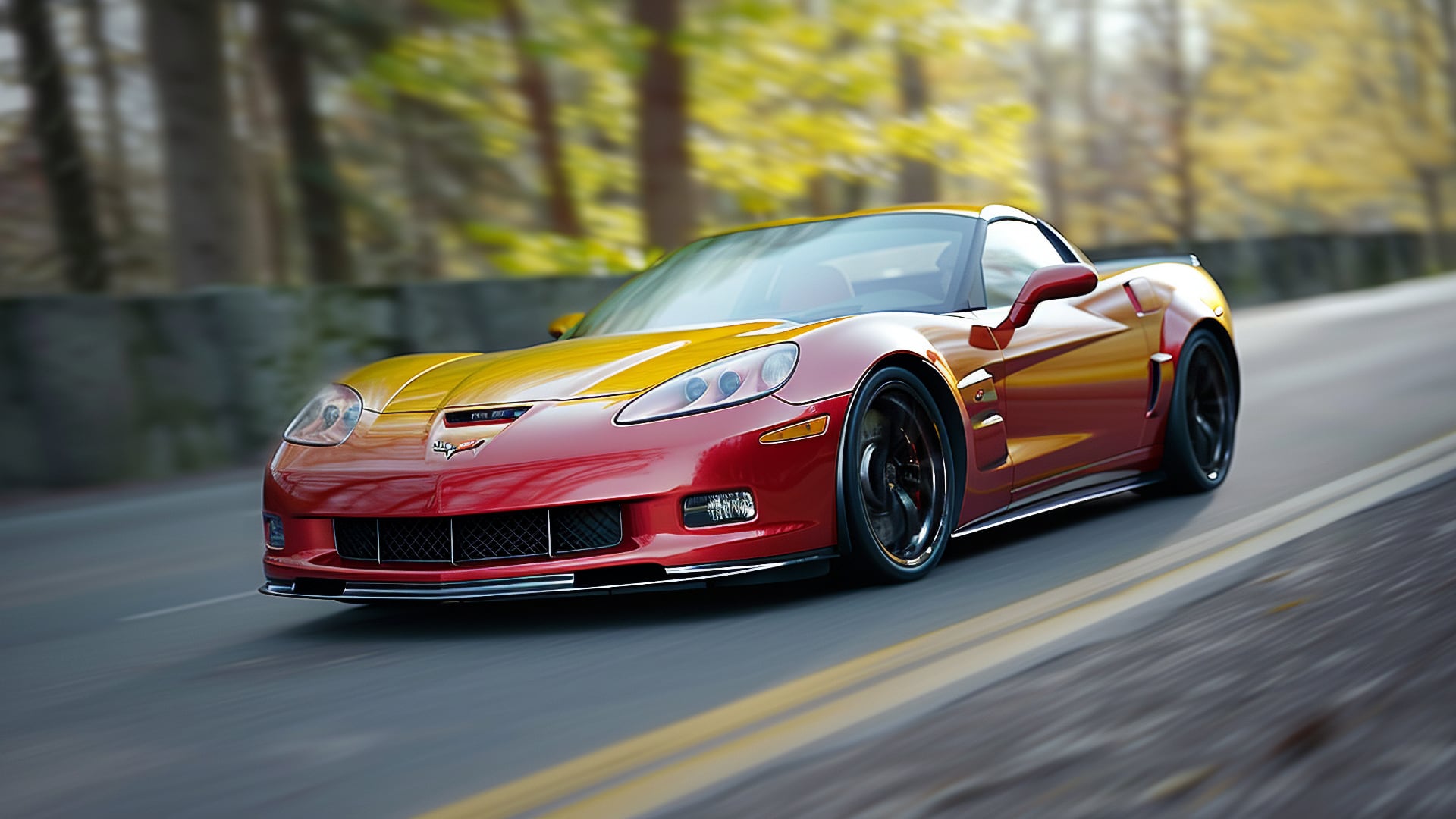 A red sports car cruising down the road.|a yellow sports car driving down a road.