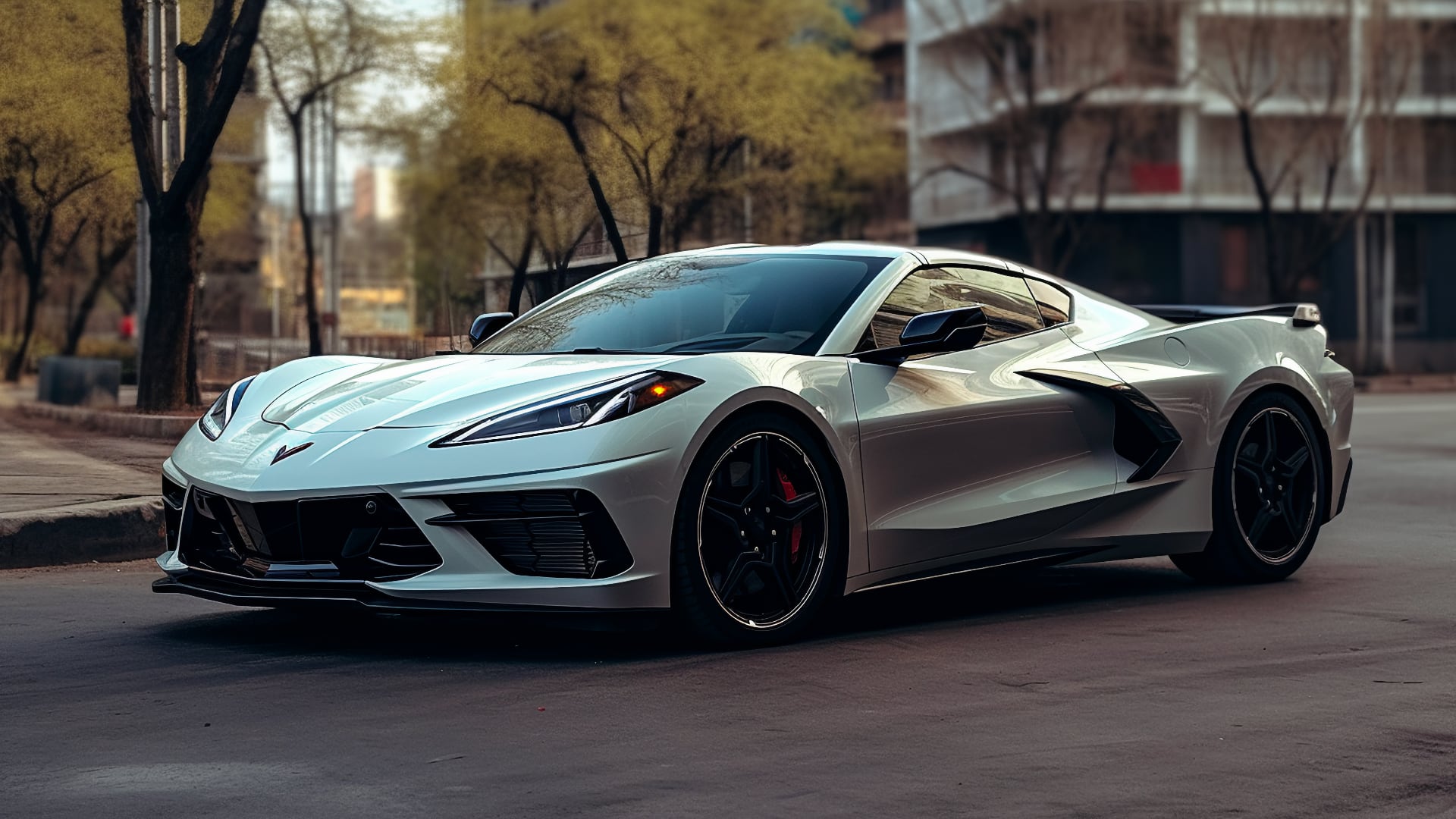 The 2019 Chevrolet Corvette Stingray, a classic C7 model, is cruising down the street.|a red sports car parked on the side of the road.|a blue sports car driving down a street.