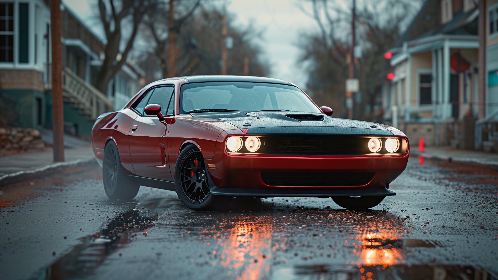 A red Dodge Charger navigating a wet road.|a silver car is parked in a parking lot.