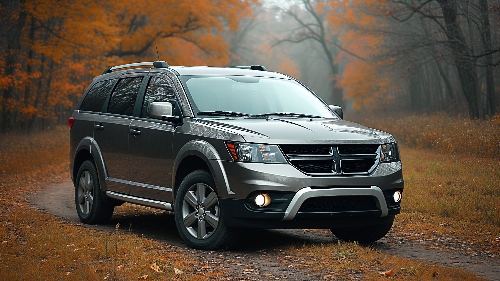 A gray Dodge Journey, one of the years to avoid, driving down a dirt road.|a gray dodge suv parked in a parking lot.