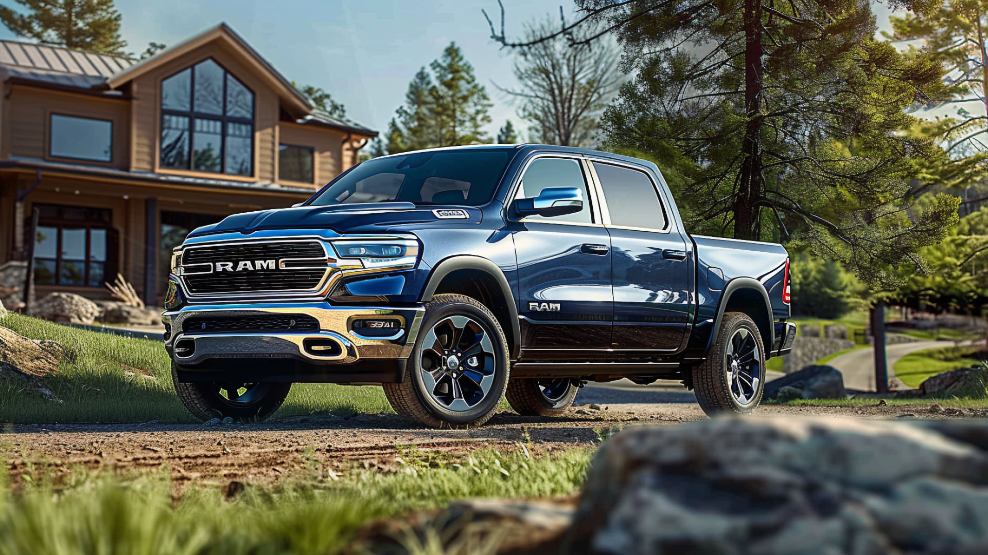 A black Dodge Ram 1500 parked on a dirt road.|a silver truck parked in front of a brick building.