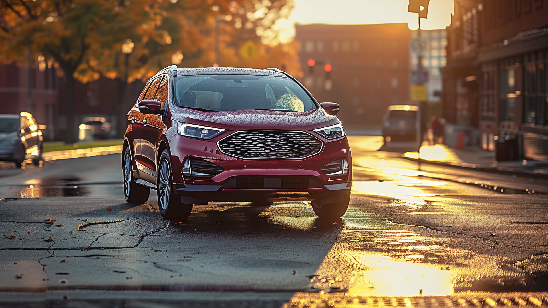 A red Ford Edge parked on a city street.|a yellow suv parked on the side of a road.