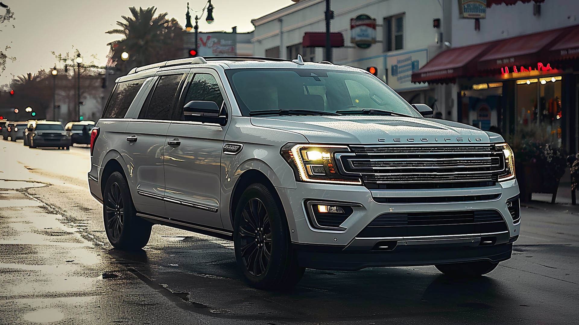 A white 2019 Ford Expedition is driving down a city street.|a white suv parked in a parking lot.