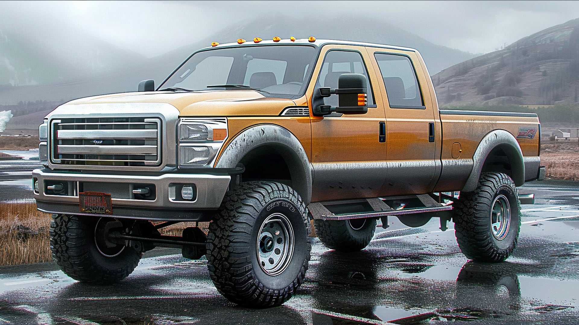An older Ford F-250 super duty truck is parked in a parking lot.|a silver truck is parked in a parking lot.