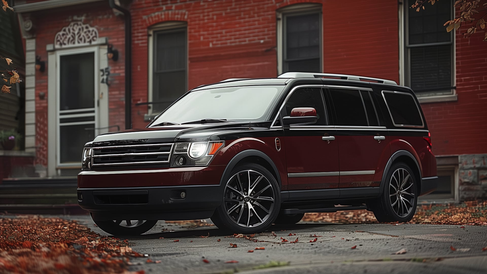 The Ford Flex is parked in front of a red house.|a white van parked in a parking lot.
