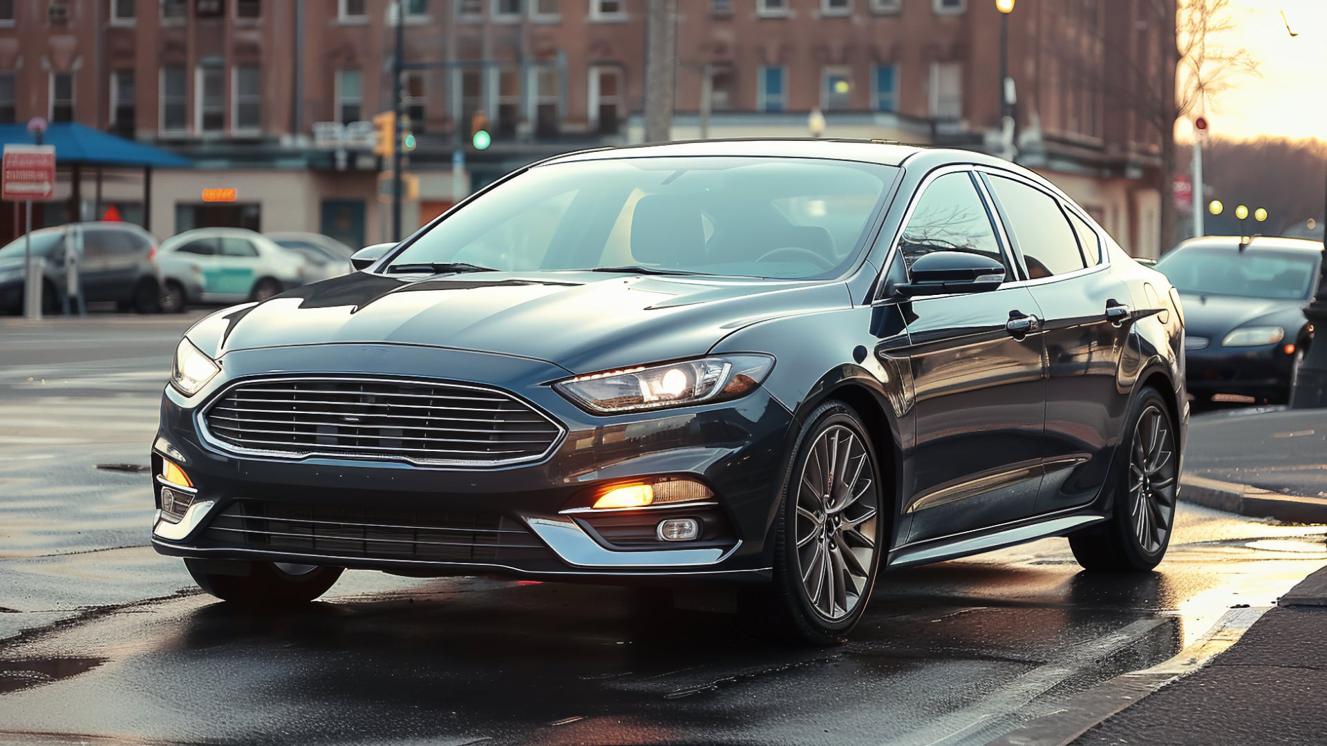 A black Ford Fusion, from one of the years to avoid, is parked on a wet street.