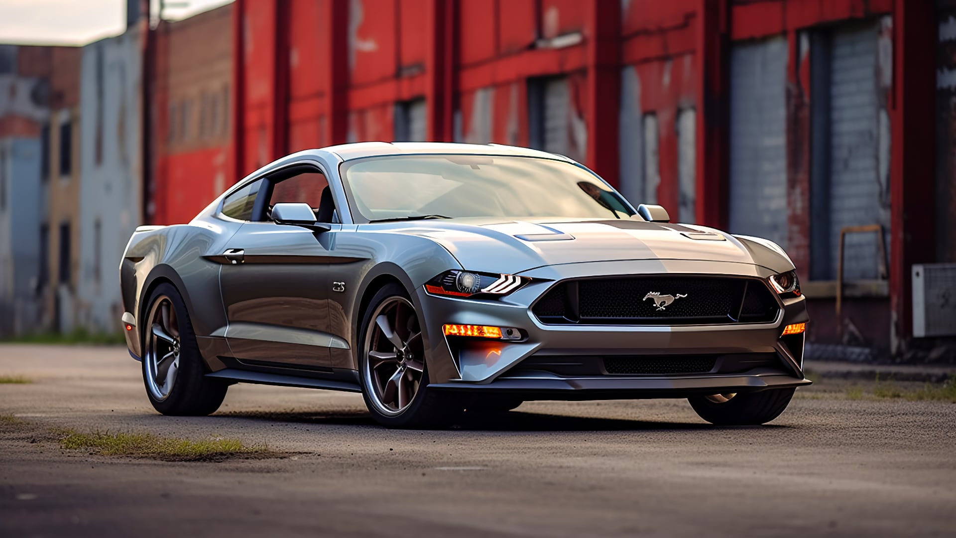 The 2019 Ford Mustang GT is parked in front of a building.|a silver mustang driving down a road with mountains in the background.|a red mustang mustang driving down a road.