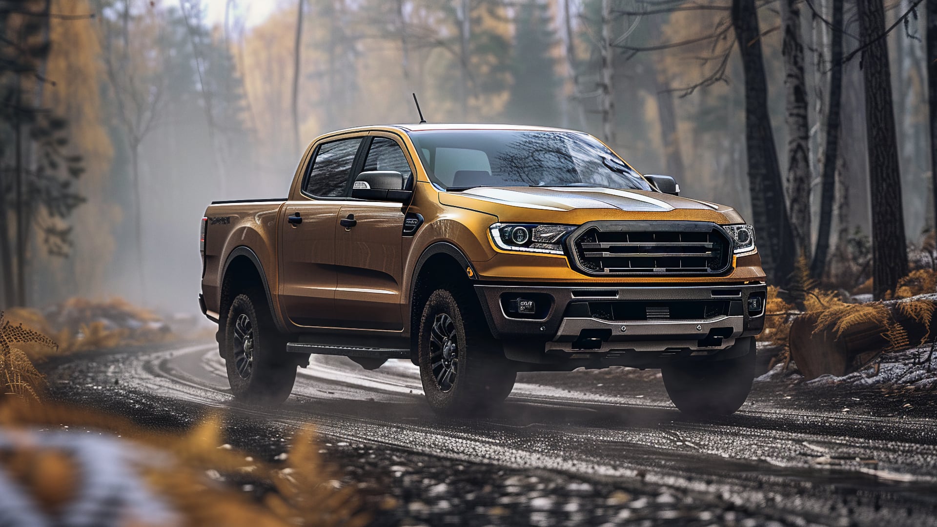 The 2019 Ford Ranger Raptor, a year to avoid, is driving down a dirt road.|a gold truck driving down a road in the desert.|an orange truck is parked on some rocks.