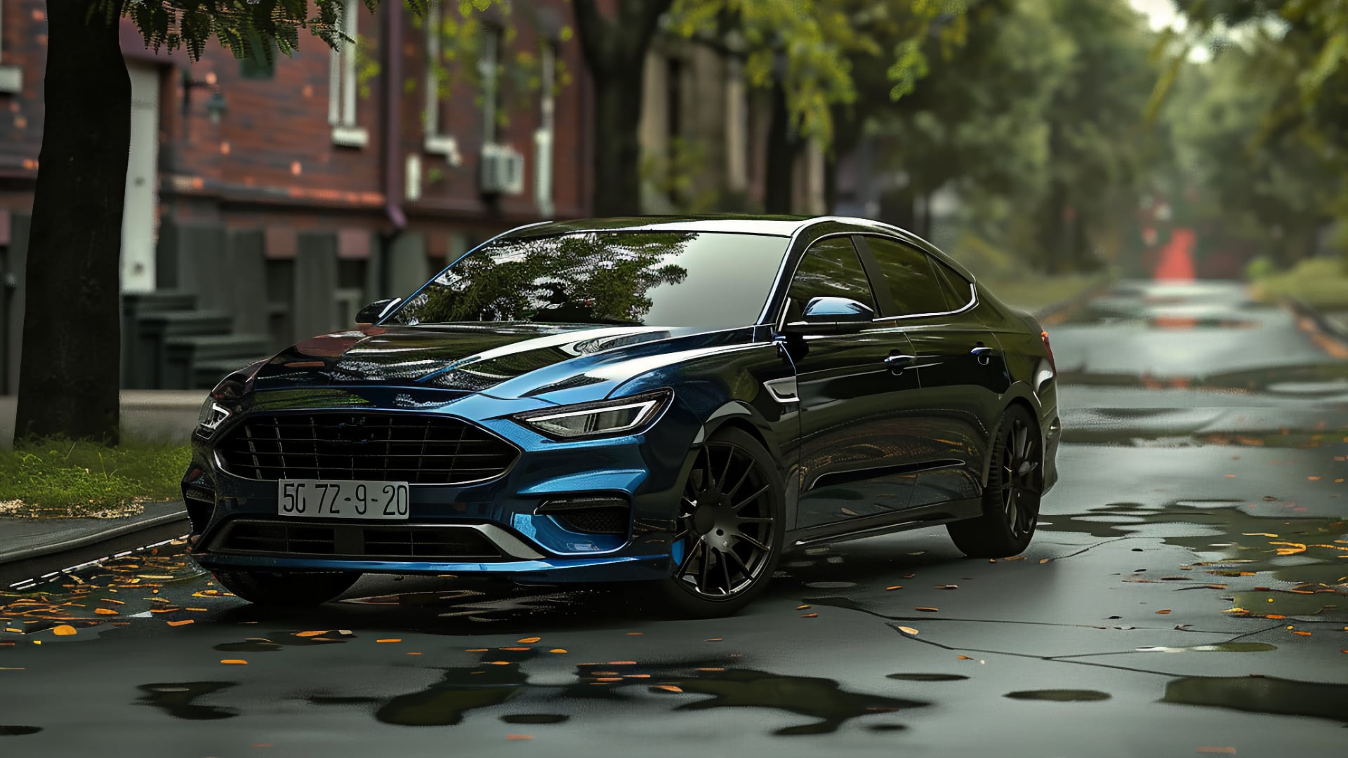 A blue Ford Taurus parked on a wet street.|a silver car parked next to another silver car.