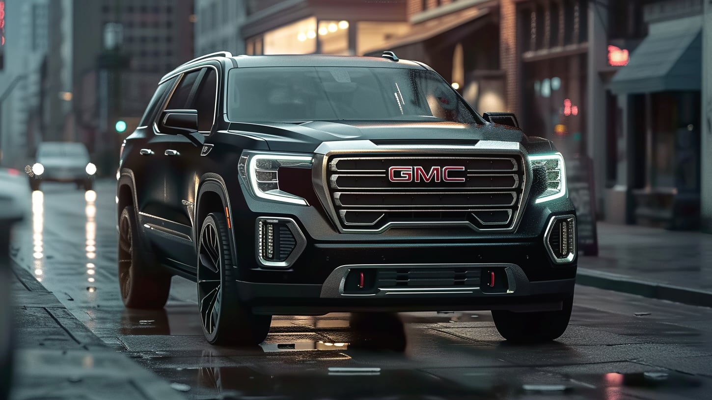 A black 2020 GMC Yukon parked on a city street.|a black gmc suv parked in front of a brick building.