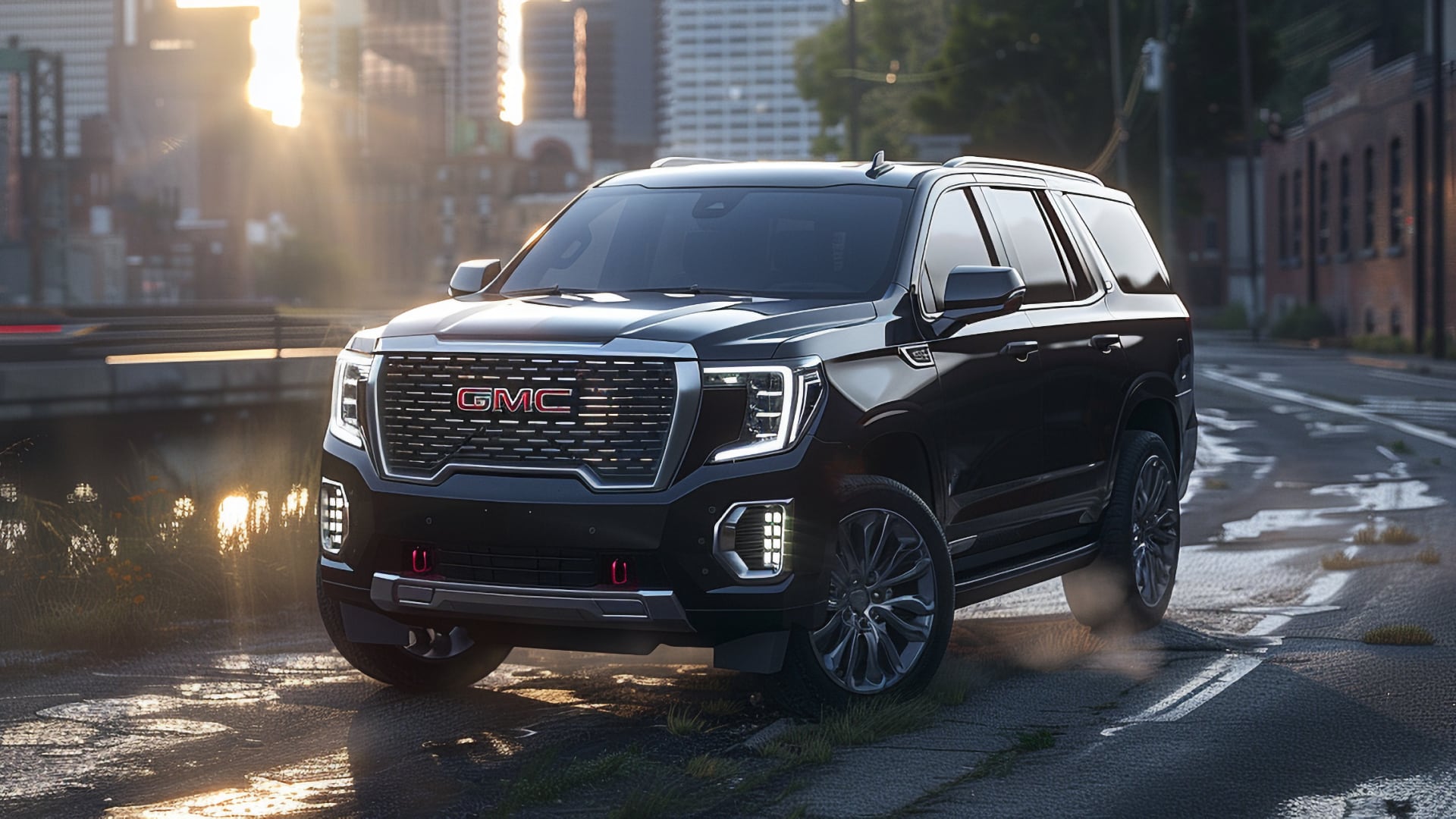 A black GMC Yukon, noted for years to avoid, parked on a city street.|a white suv is parked on the side of the road.
