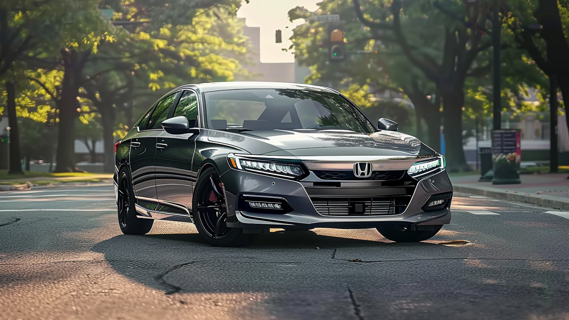 The 2019 Honda Accord, a year to avoid according to some sources, is parked on a city street.|a red car driving down a wet street.