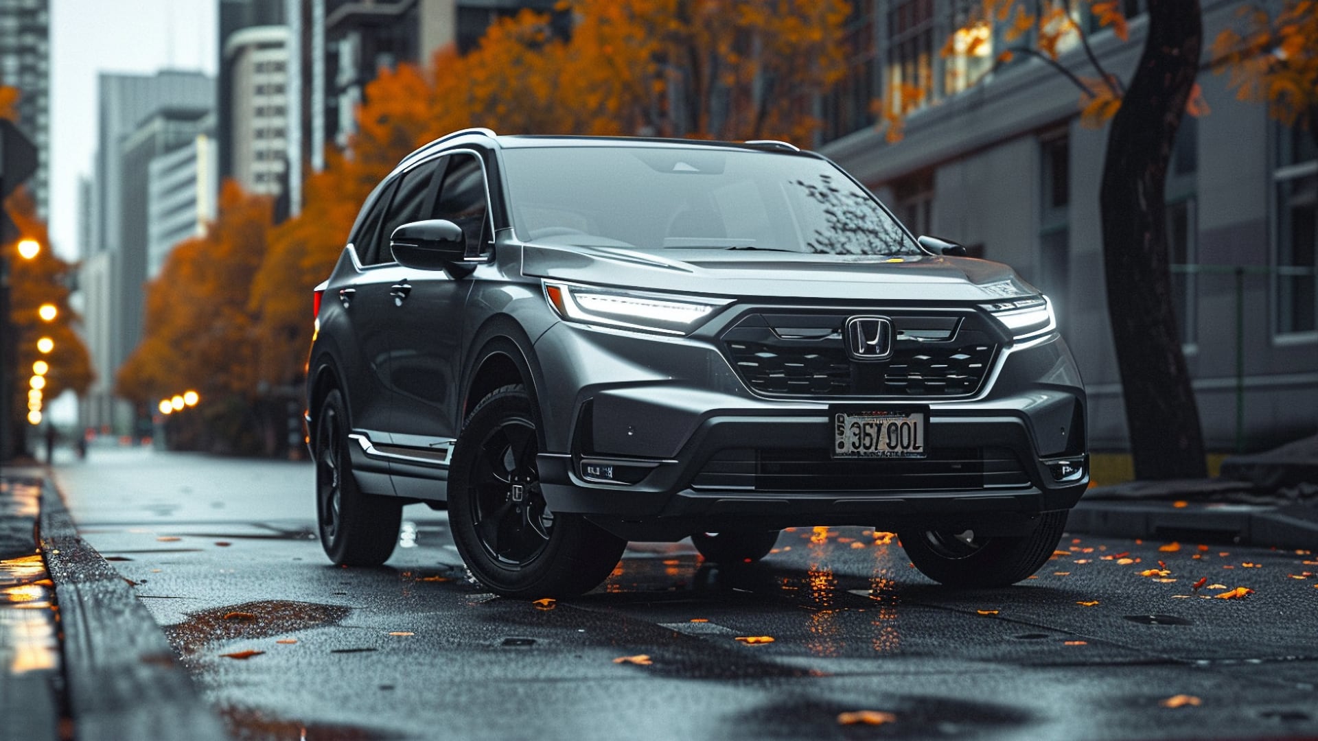 The 2019 Honda CR-V is parked on a city street.|a silver honda cr - v driving down a city street.