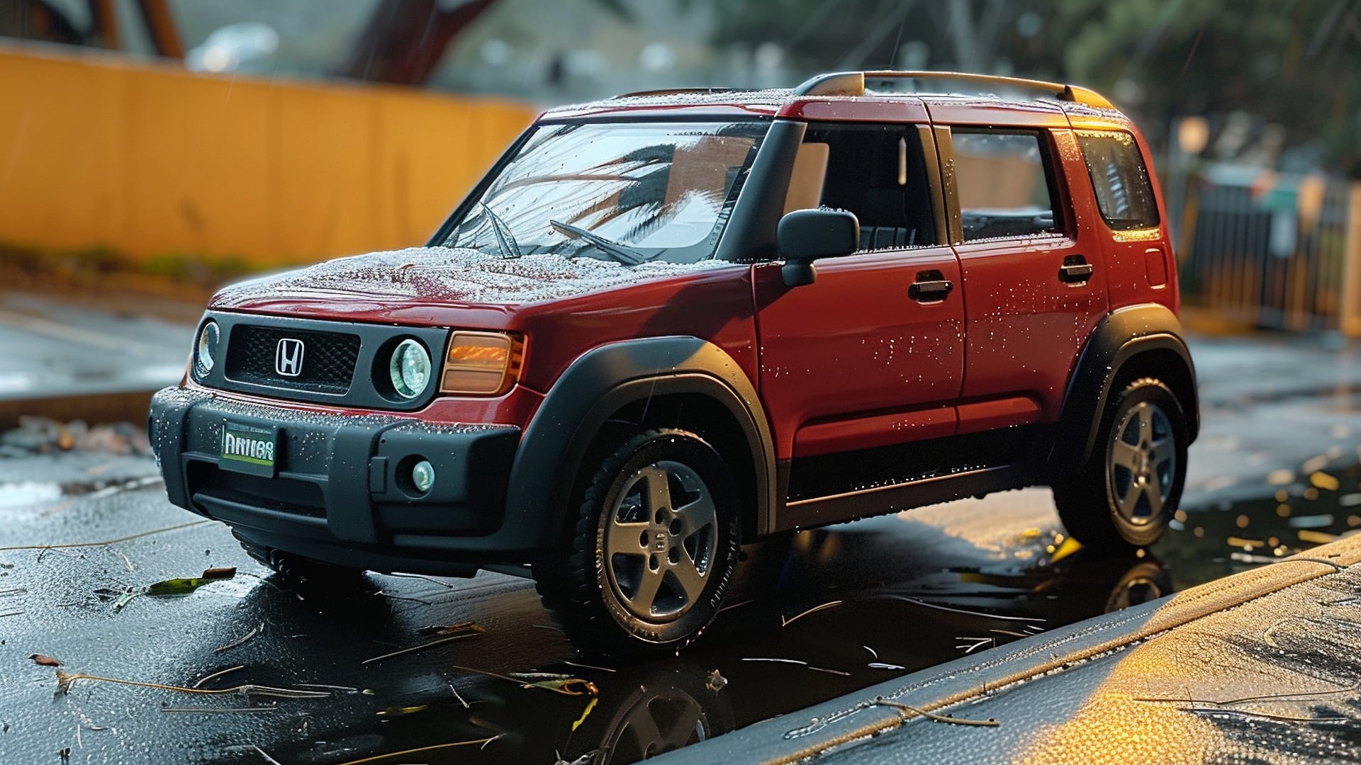 A red Honda Element toy SUV is parked on a wet street.|a car parked on the side of a dirt road.