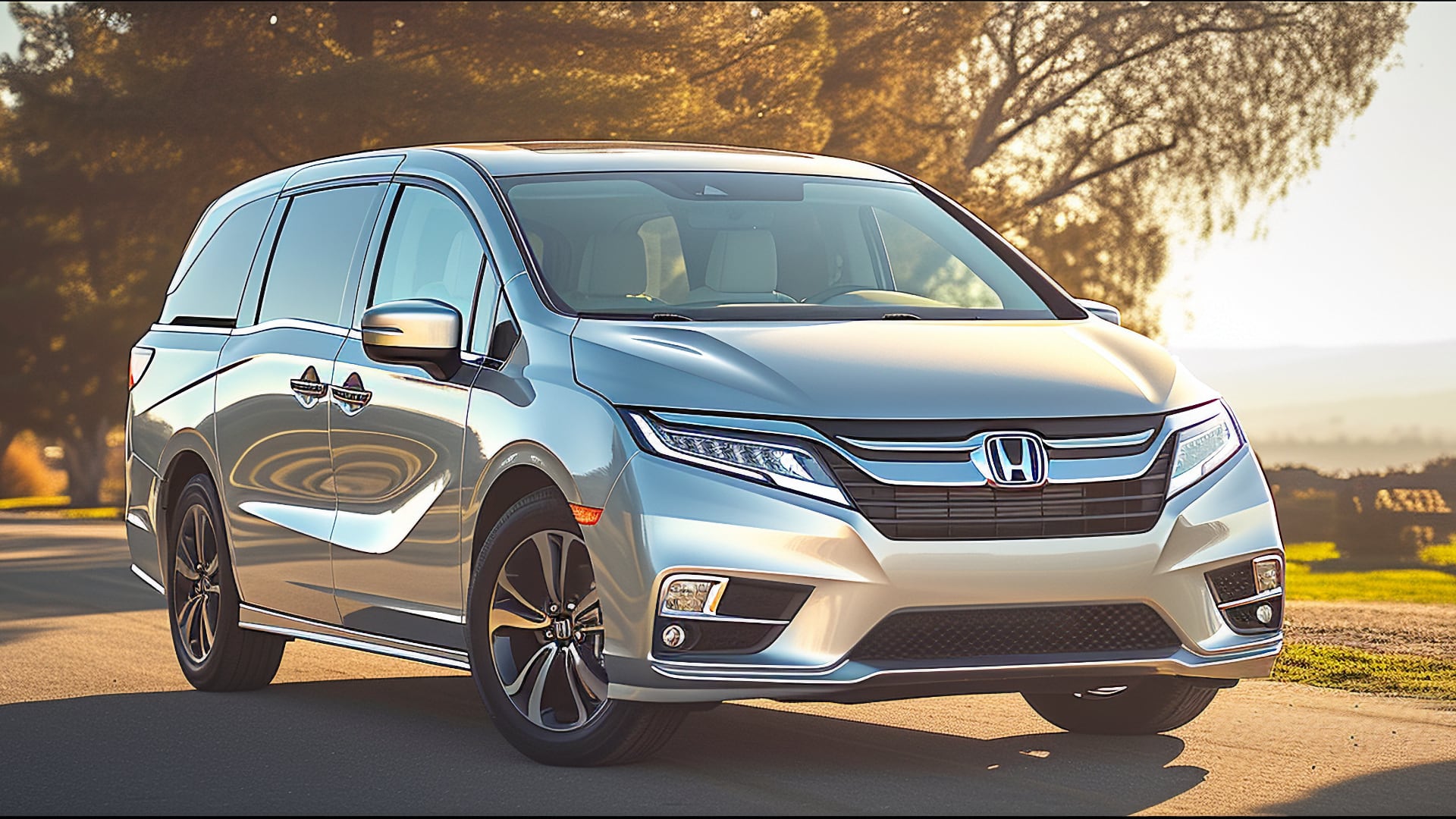 The 2019 Honda Odyssey gracefully cruises down a scenic country road.|a red car driving down a road next to the ocean.