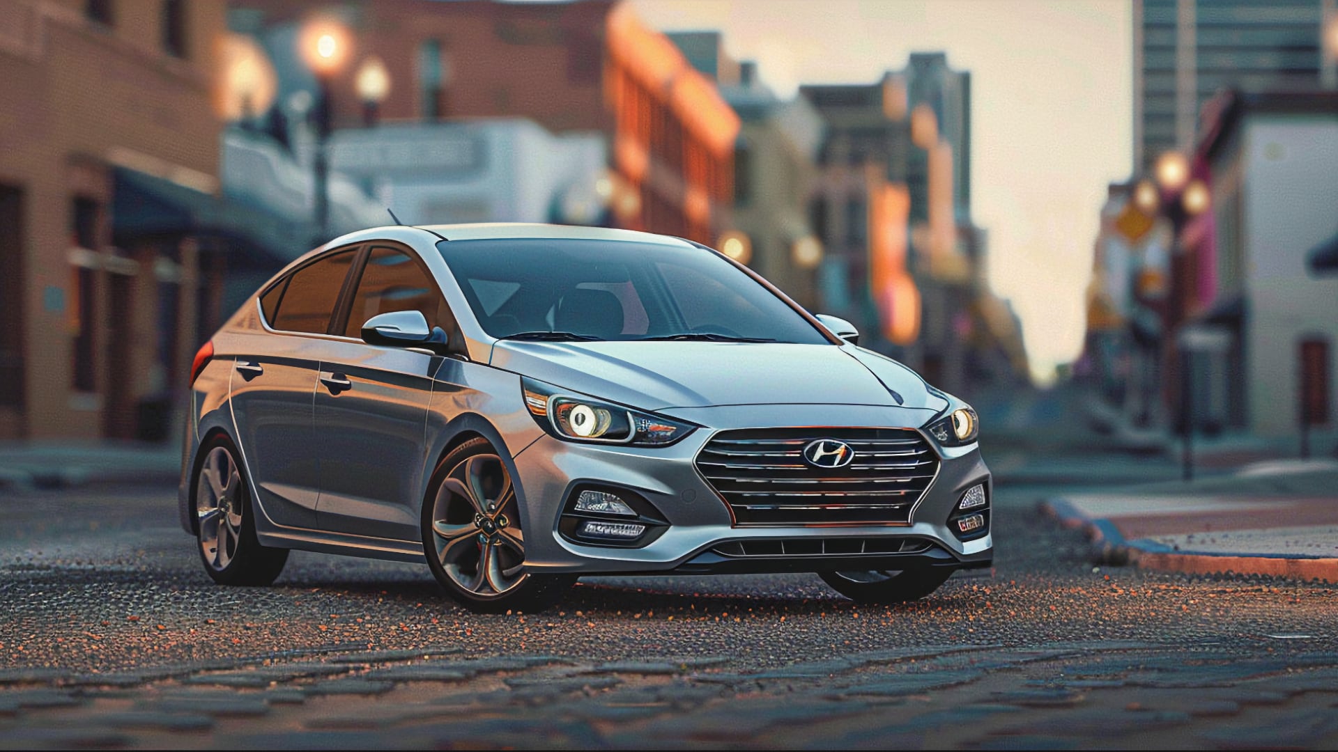 The 2019 Hyundai Accent, a year to avoid, is parked on a city street.|a black car driving down a curvy road.