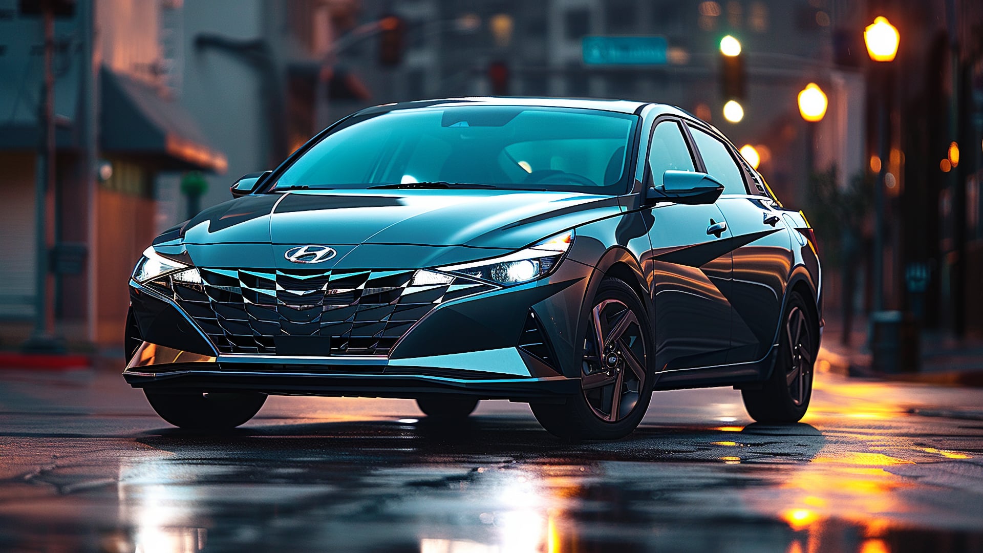 The 2020 Hyundai Elantra smoothly cruises through the city streets at night.|a white car parked on the side of the road.