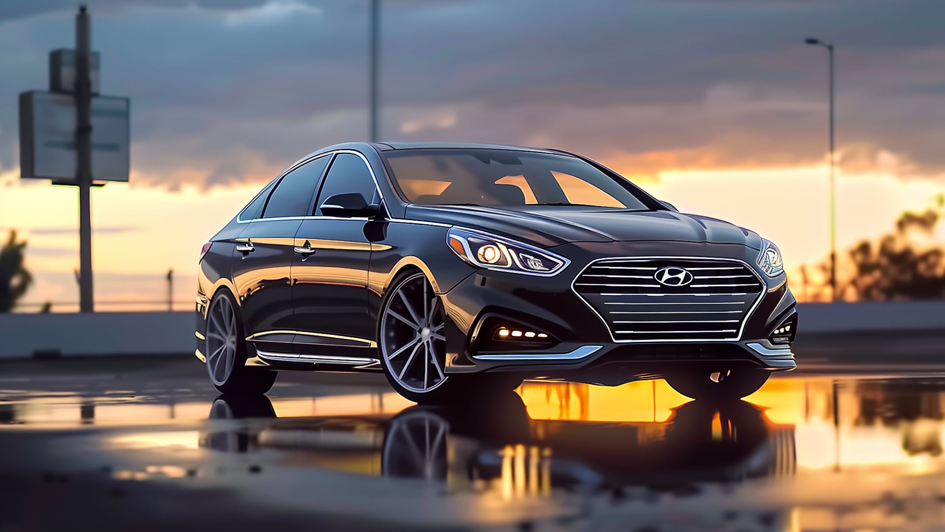 A black Hyundai Sonata, one of the years to avoid, is parked on a wet street.|a silver car parked in front of a building.