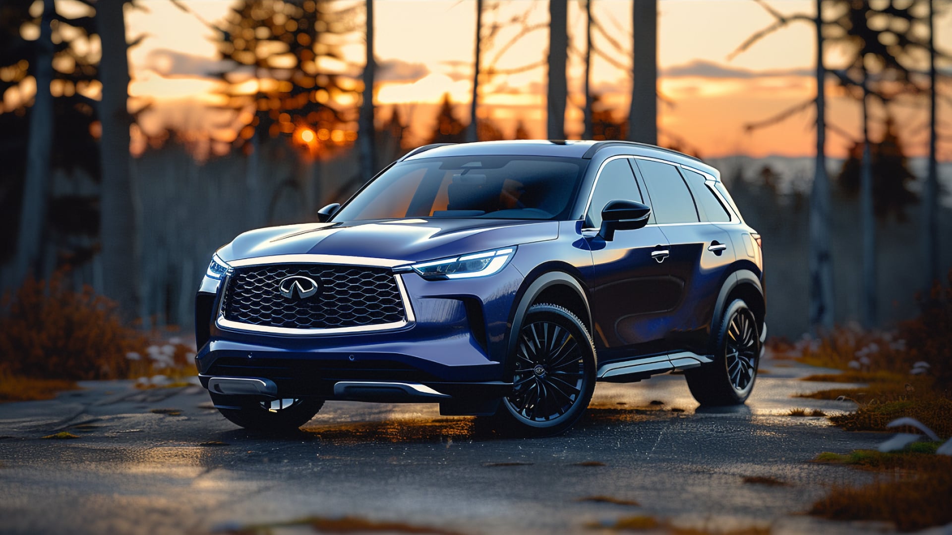 The 2020 Infiniti QX60 SUV is parked on a road in the woods.|a brown car driving down a road next to a forest.