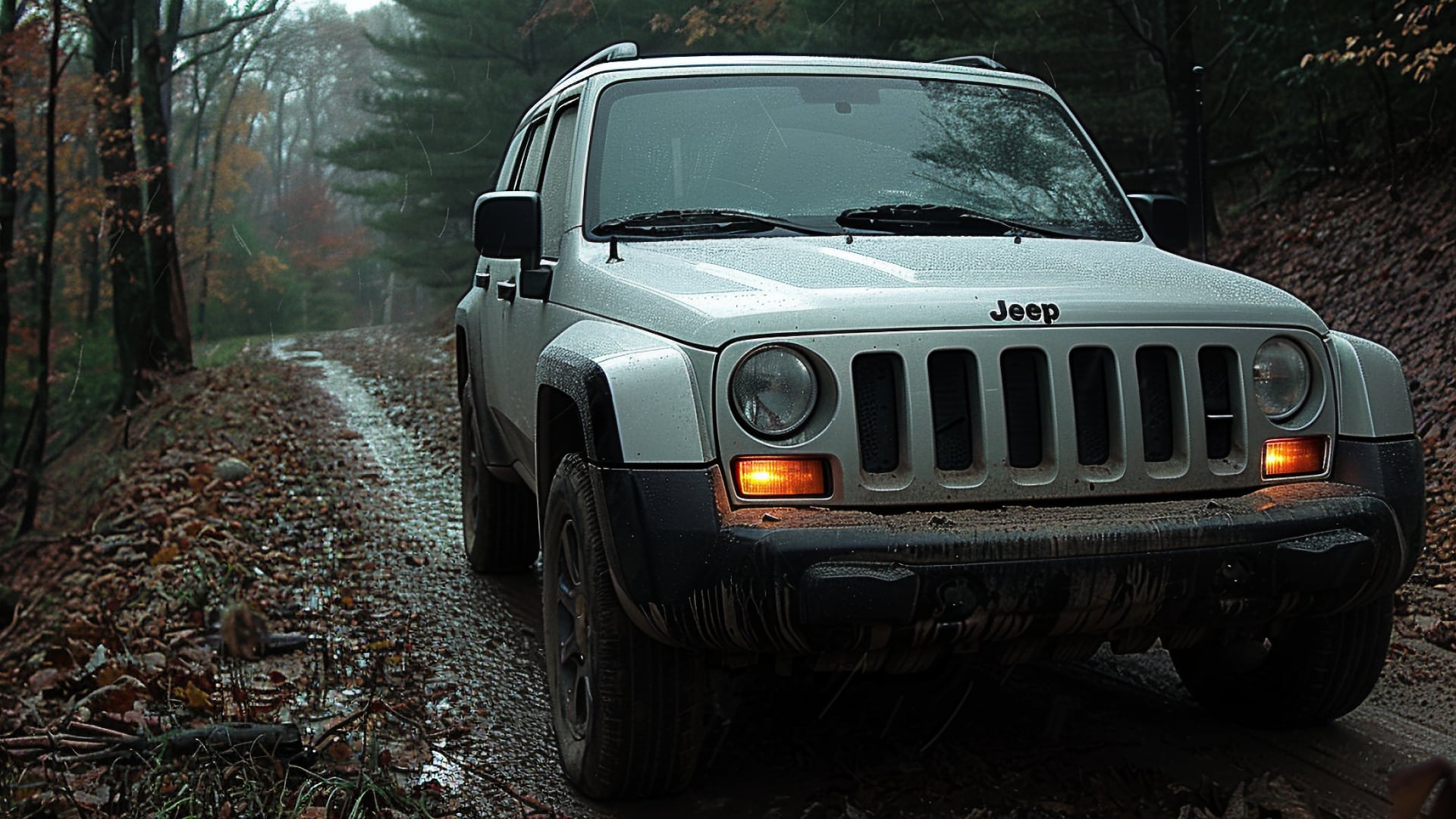 A white Jeep Liberty on a muddy road.|a white jeep parked on the side of the road.