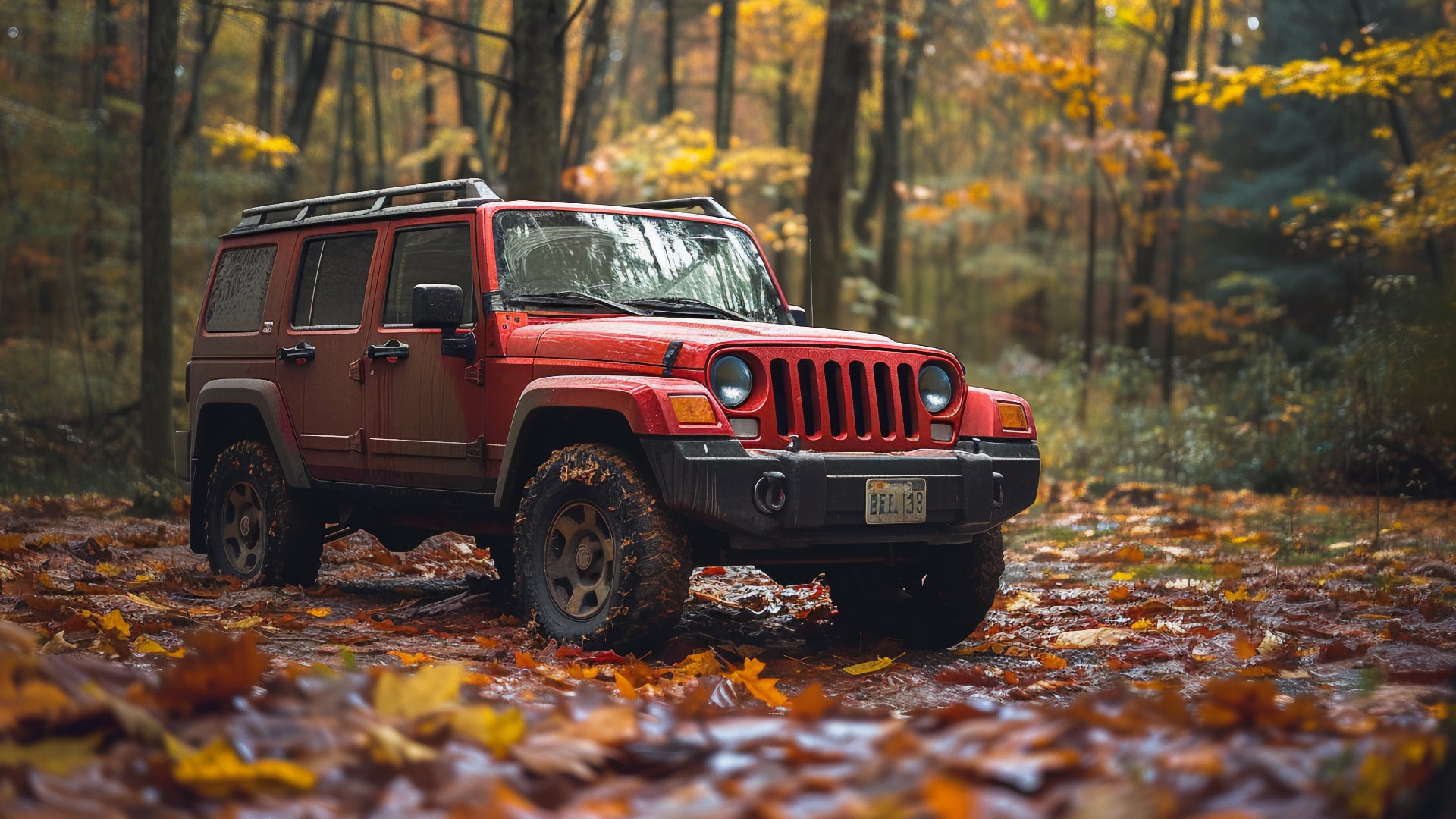 A red Jeep Patriot in the woods.|a red jeep is parked on a rocky area.