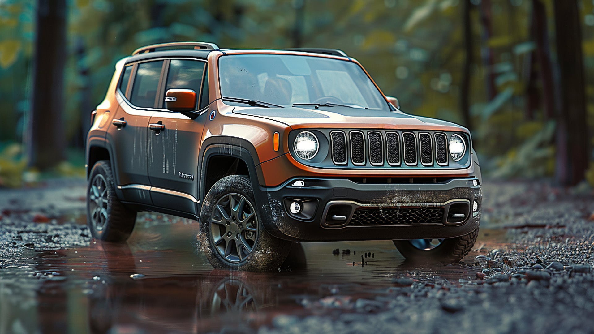 The 2020 Jeep Renegade navigates through a muddy terrain.|a black jeep parked on the side of the road.