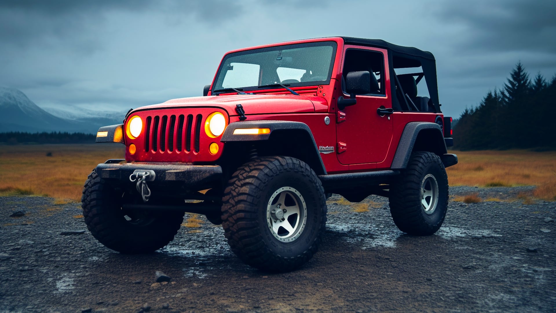 A red jeep parked on a dirt road, avoiding certain Jeep TJ years.|a blue jeep parked in front of a house.